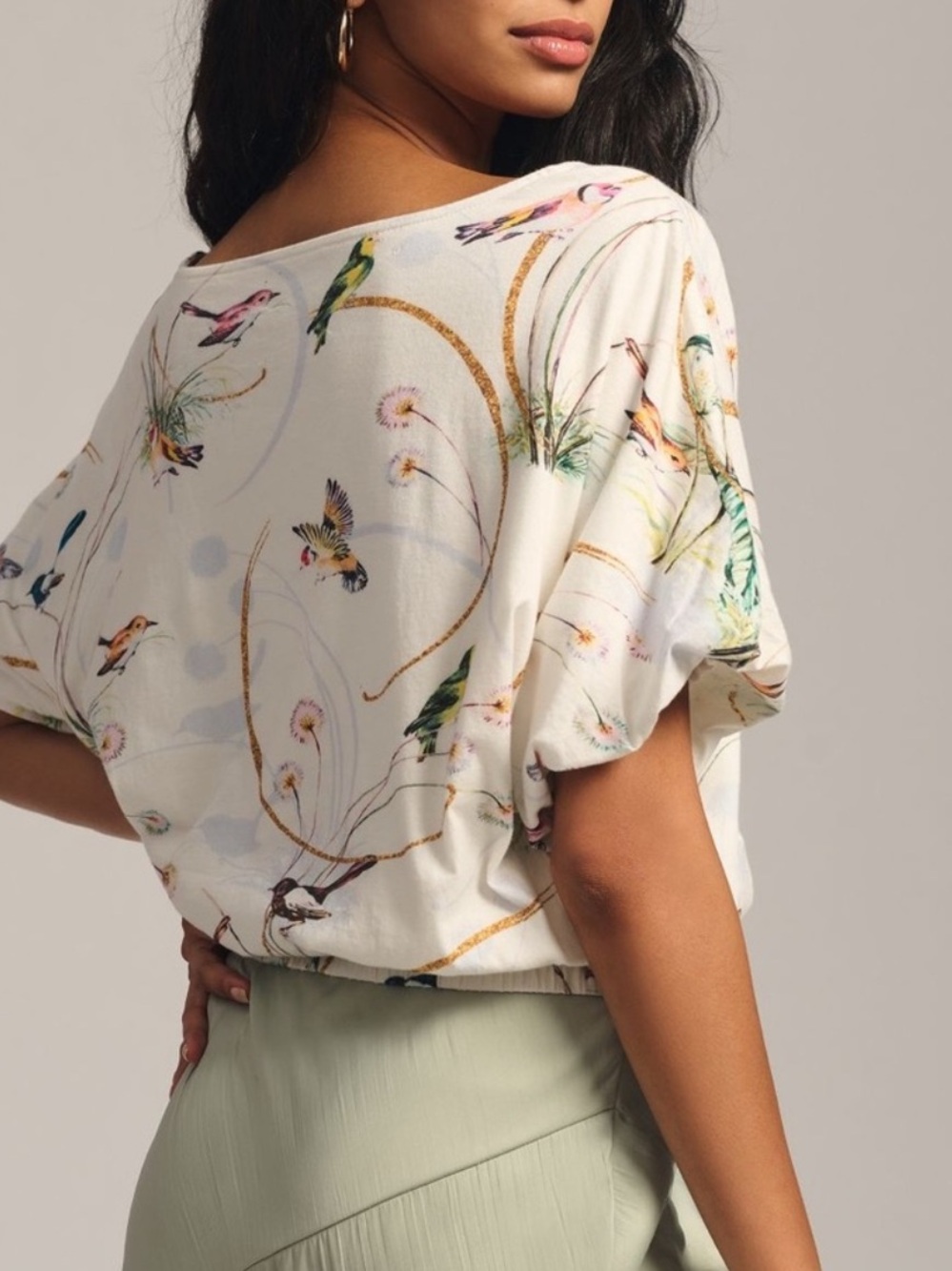 Anthropologie White Cropped Top with Multicolor Bird Print - Picture 2 of 6